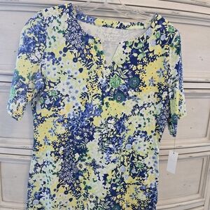 Talbots Women's Short Sleeve Floral Tee - Blue and Yellow